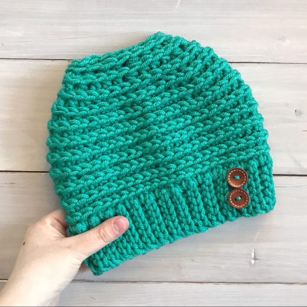 Teal Aqua Adult Messy Bun Crochet Hat Beanie